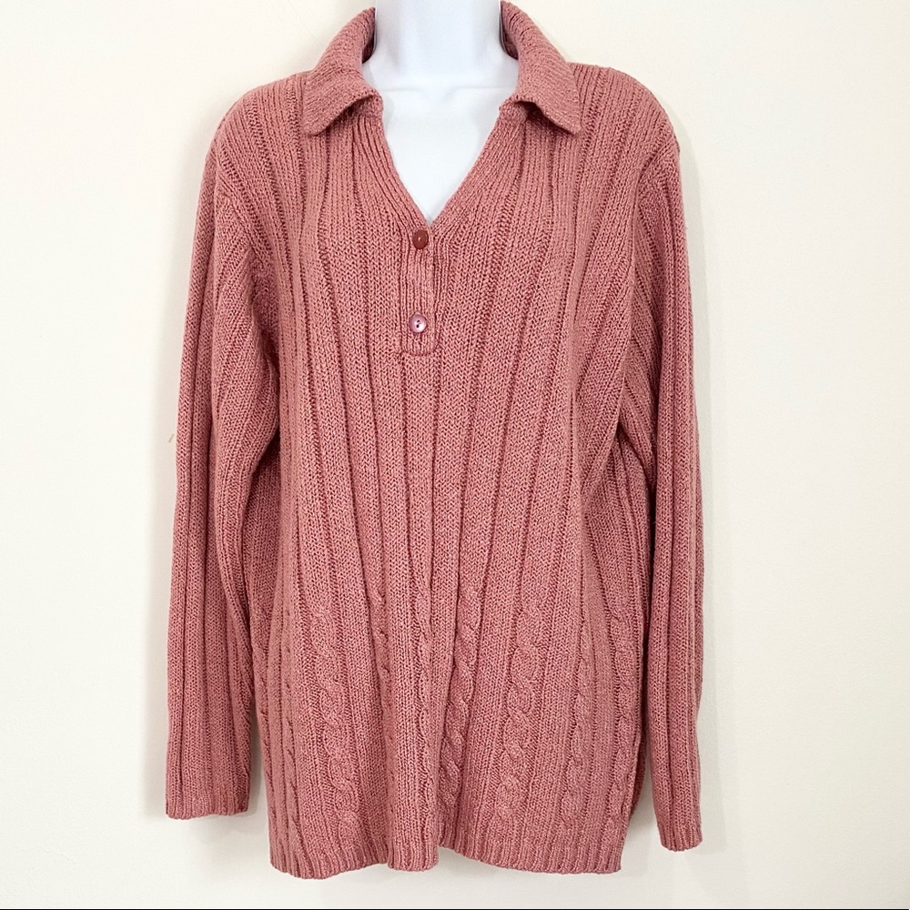 Vintage 70s 80s Pink Collared Polo Button Knit Sweater Size Large